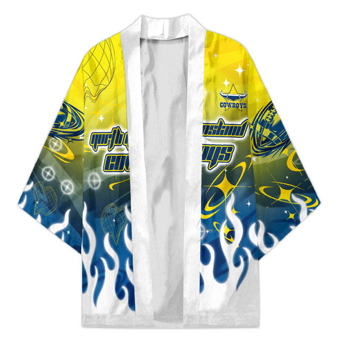 Personalized North Queensland Cowboys Kimono Y2K Grunge Aesthetic With Cyber Flames and Starburst Graphics