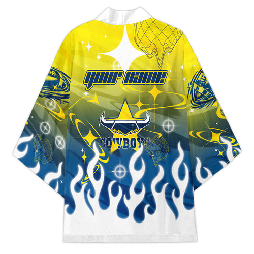 Personalized North Queensland Cowboys Kimono Y2K Grunge Aesthetic With Cyber Flames and Starburst Graphics