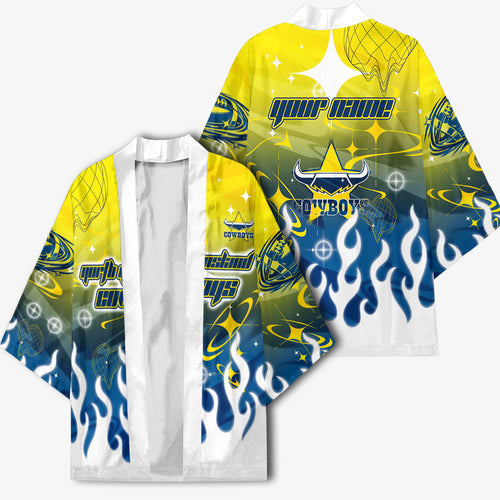 Personalized North Queensland Cowboys Kimono Y2K Grunge Aesthetic With Cyber Flames and Starburst Graphics