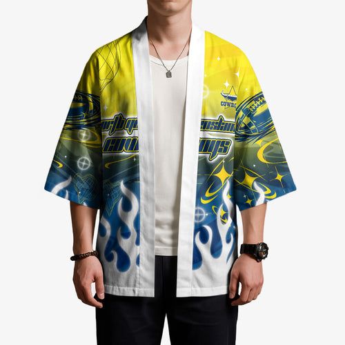 Personalized North Queensland Cowboys Kimono Y2K Grunge Aesthetic With Cyber Flames and Starburst Graphics