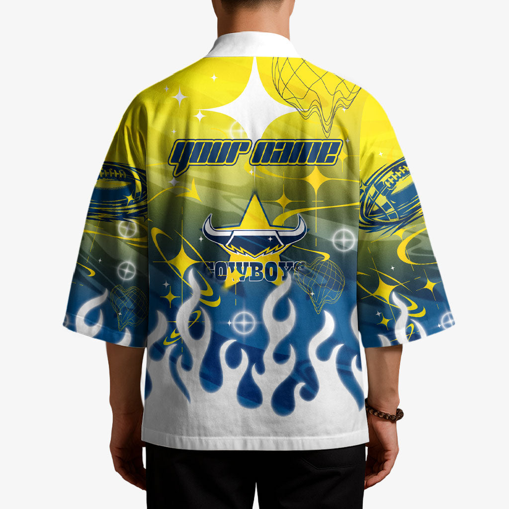 Personalized North Queensland Cowboys Kimono Y2K Grunge Aesthetic With Cyber Flames and Starburst Graphics