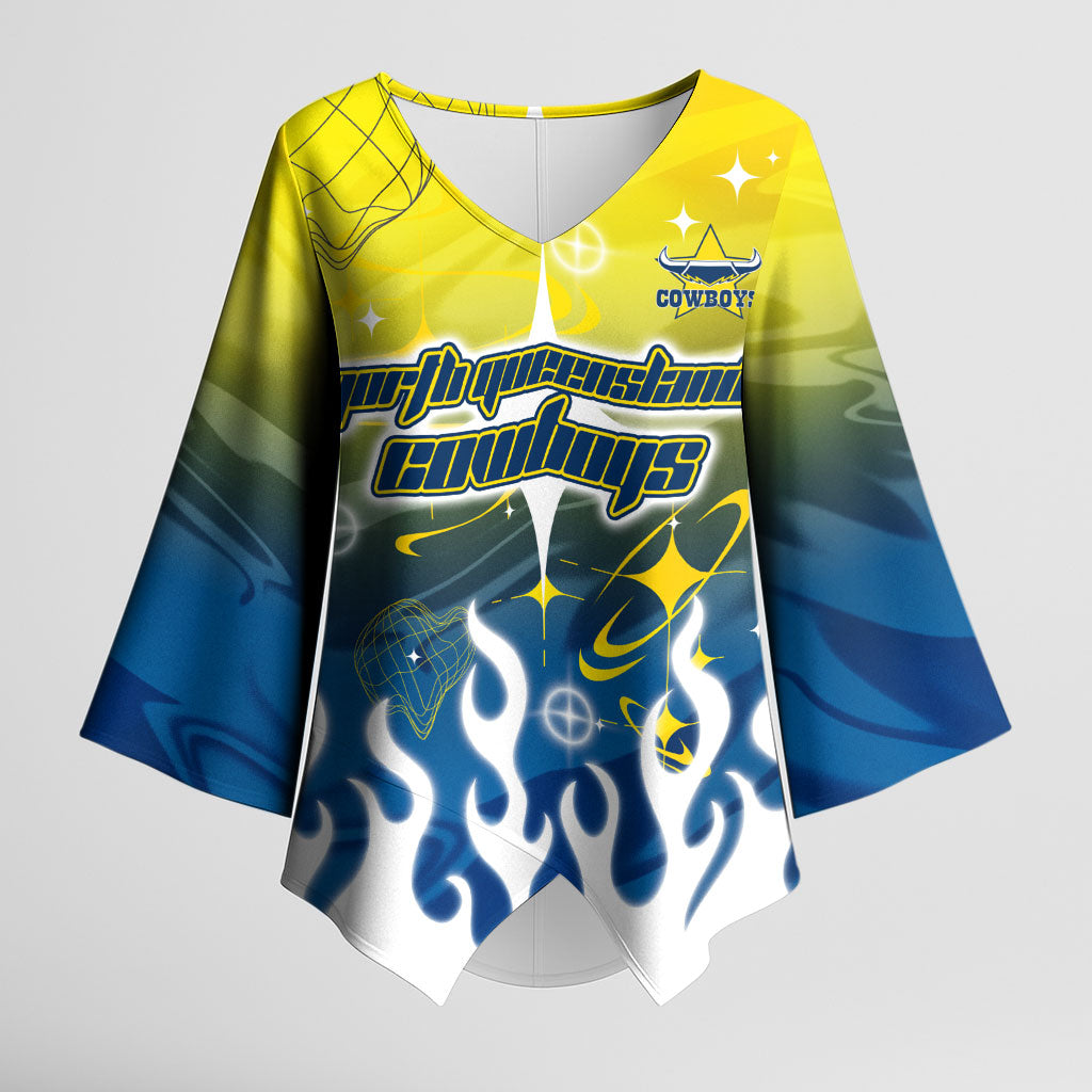 Personalized North Queensland Cowboys Kimono Sleeve Blouse Y2K Grunge Aesthetic With Cyber Flames and Starburst Graphics
