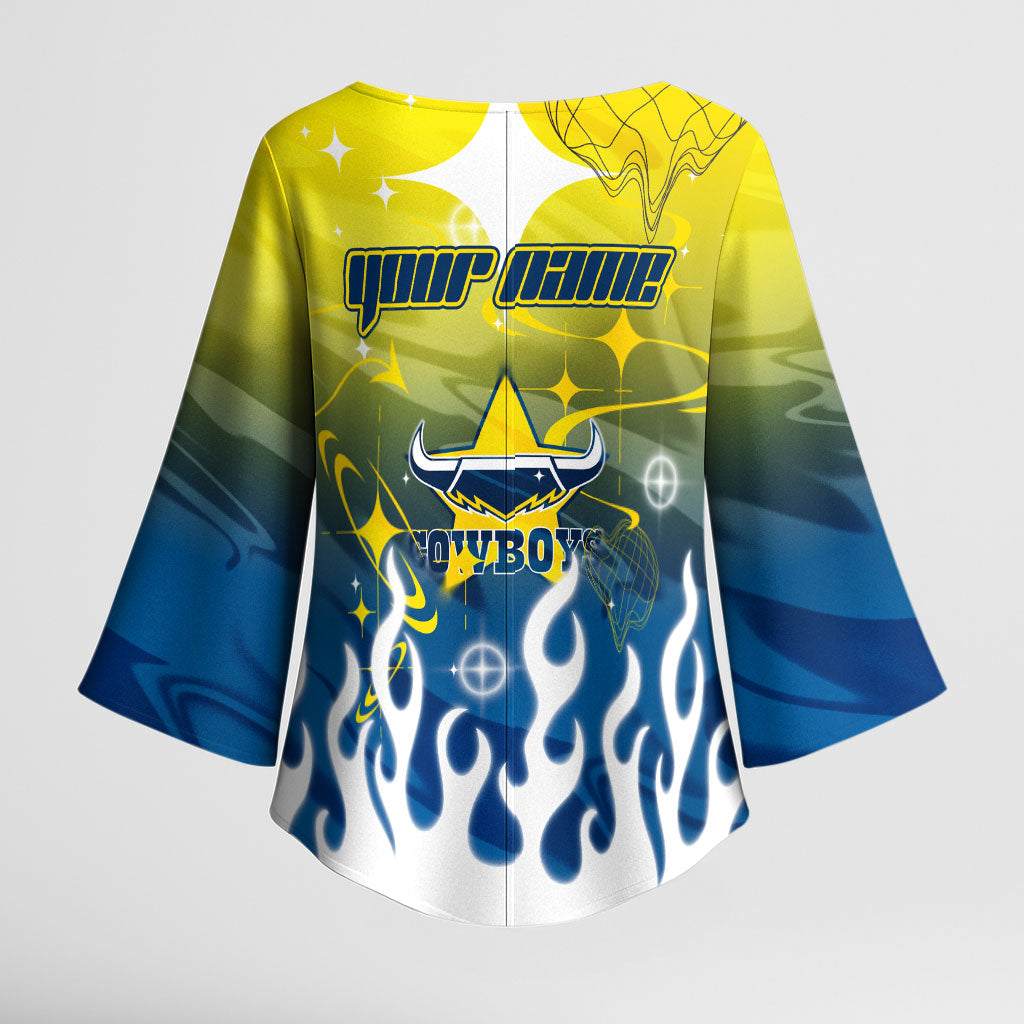 Personalized North Queensland Cowboys Kimono Sleeve Blouse Y2K Grunge Aesthetic With Cyber Flames and Starburst Graphics