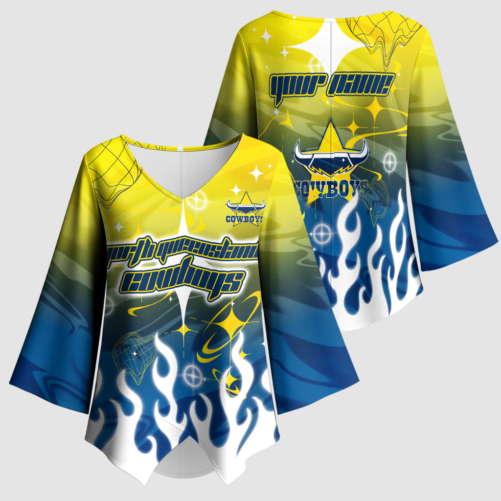 Personalized North Queensland Cowboys Kimono Sleeve Blouse Y2K Grunge Aesthetic With Cyber Flames and Starburst Graphics