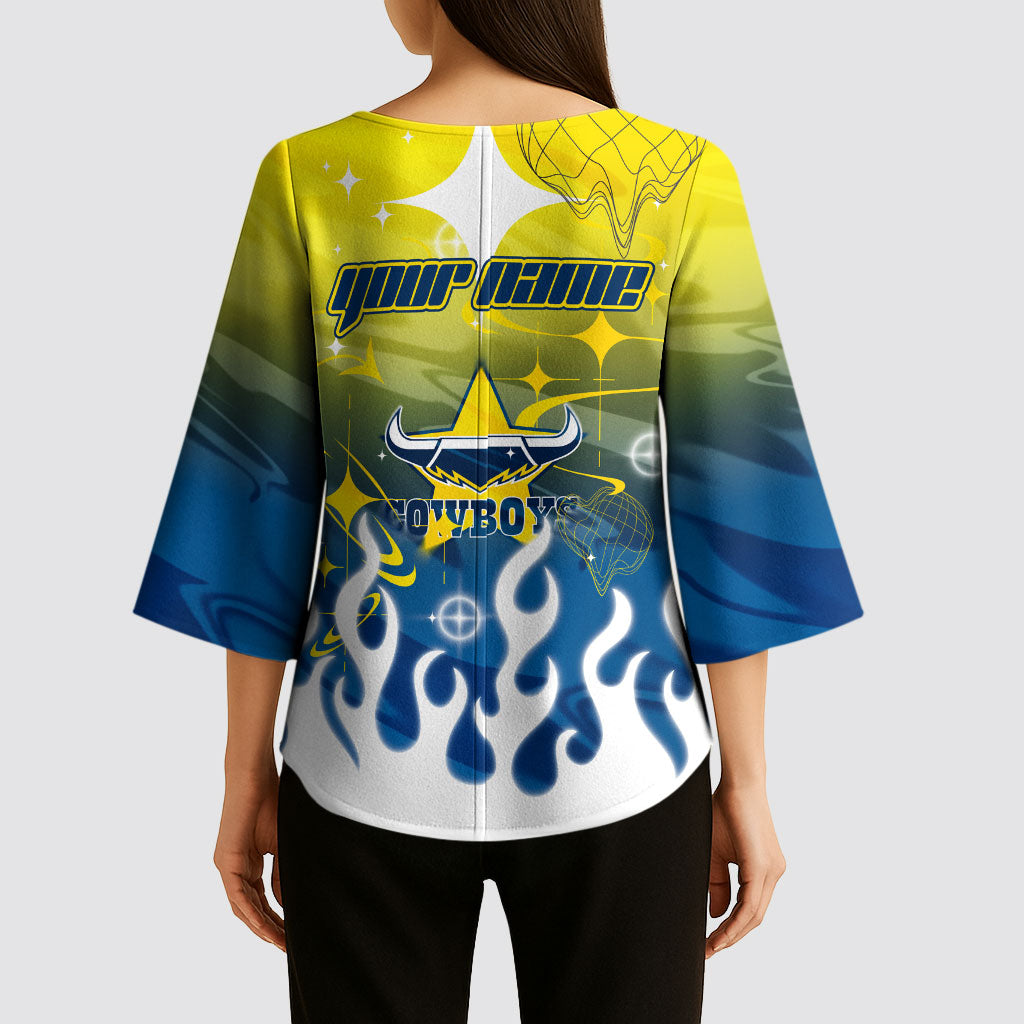 Personalized North Queensland Cowboys Kimono Sleeve Blouse Y2K Grunge Aesthetic With Cyber Flames and Starburst Graphics