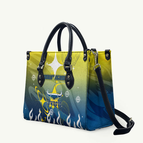 Personalized North Queensland Cowboys Leather Bag Y2K Grunge Aesthetic With Cyber Flames and Starburst Graphics