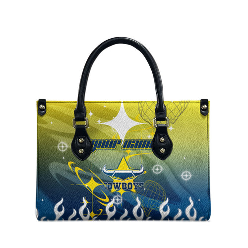 Personalized North Queensland Cowboys Leather Bag Y2K Grunge Aesthetic With Cyber Flames and Starburst Graphics