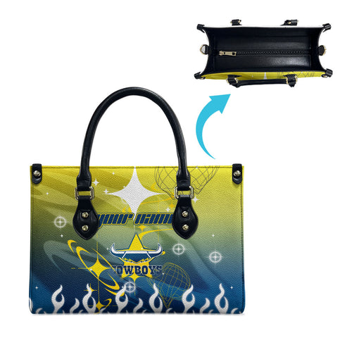 Personalized North Queensland Cowboys Leather Bag Y2K Grunge Aesthetic With Cyber Flames and Starburst Graphics