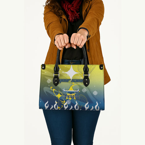 Personalized North Queensland Cowboys Leather Bag Y2K Grunge Aesthetic With Cyber Flames and Starburst Graphics