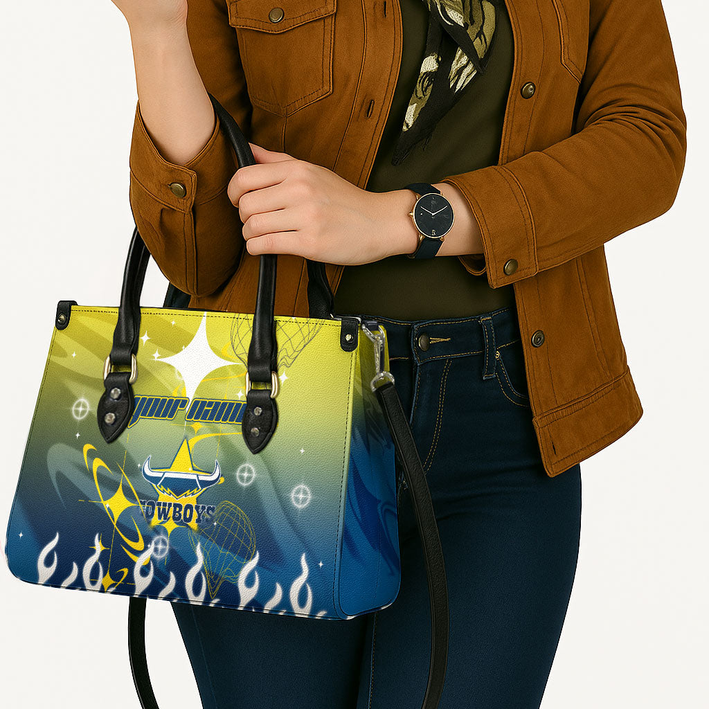 Personalized North Queensland Cowboys Leather Bag Y2K Grunge Aesthetic With Cyber Flames and Starburst Graphics