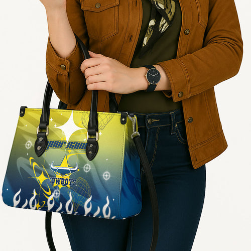 Personalized North Queensland Cowboys Leather Bag Y2K Grunge Aesthetic With Cyber Flames and Starburst Graphics