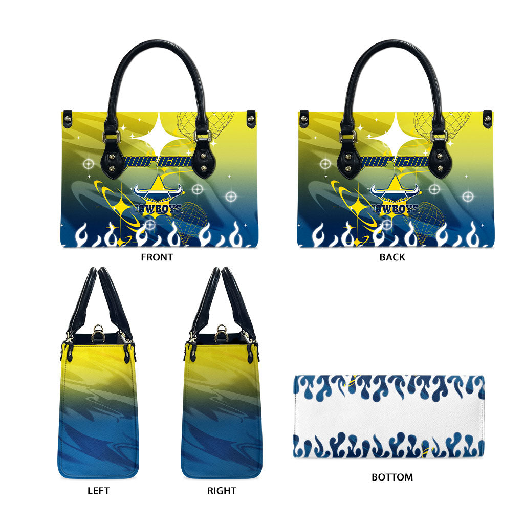 Personalized North Queensland Cowboys Leather Bag Y2K Grunge Aesthetic With Cyber Flames and Starburst Graphics