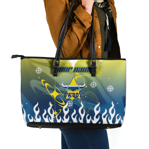 Personalized North Queensland Cowboys Leather Tote Bag Y2K Grunge Aesthetic With Cyber Flames and Starburst Graphics