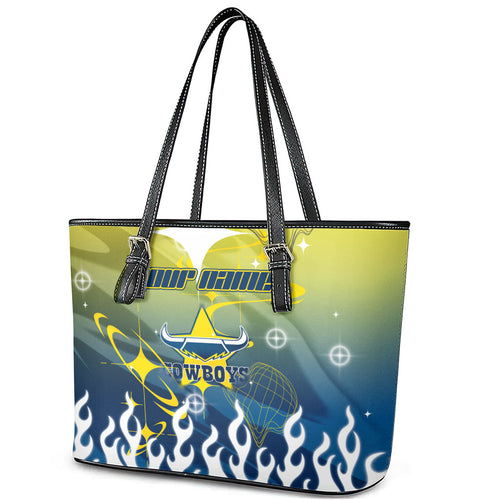 Personalized North Queensland Cowboys Leather Tote Bag Y2K Grunge Aesthetic With Cyber Flames and Starburst Graphics