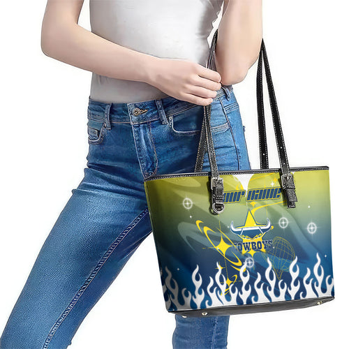 Personalized North Queensland Cowboys Leather Tote Bag Y2K Grunge Aesthetic With Cyber Flames and Starburst Graphics