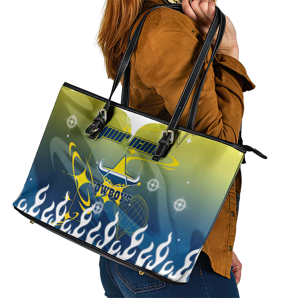 Personalized North Queensland Cowboys Leather Tote Bag Y2K Grunge Aesthetic With Cyber Flames and Starburst Graphics