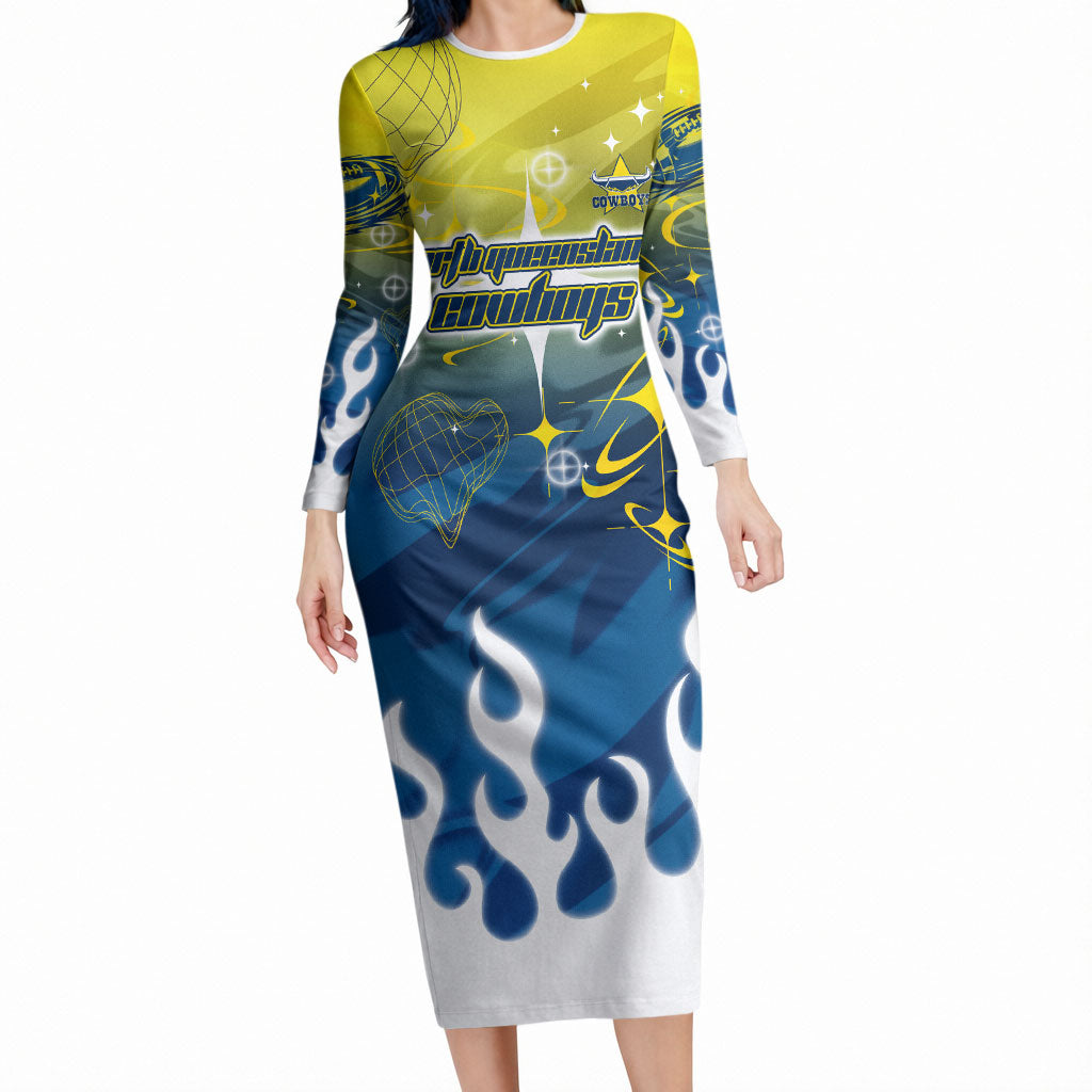 Personalized North Queensland Cowboys Long Sleeve Bodycon Dress Y2K Grunge Aesthetic With Cyber Flames and Starburst Graphics