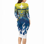 Personalized North Queensland Cowboys Long Sleeve Bodycon Dress Y2K Grunge Aesthetic With Cyber Flames and Starburst Graphics