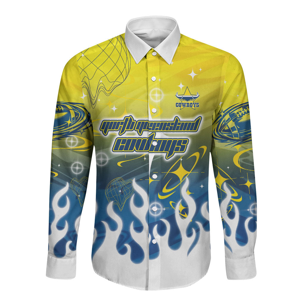 Personalized North Queensland Cowboys Long Sleeve Button Shirt Y2K Grunge Aesthetic With Cyber Flames and Starburst Graphics