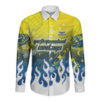 Personalized North Queensland Cowboys Long Sleeve Button Shirt Y2K Grunge Aesthetic With Cyber Flames and Starburst Graphics