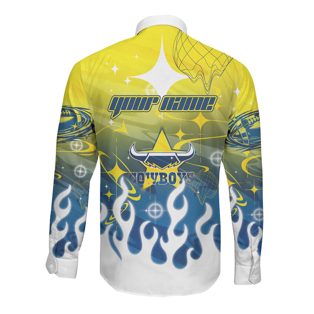 Personalized North Queensland Cowboys Long Sleeve Button Shirt Y2K Grunge Aesthetic With Cyber Flames and Starburst Graphics