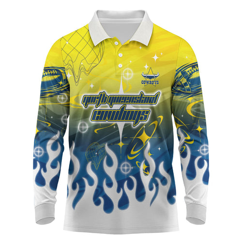 Personalized North Queensland Cowboys Long Sleeve Polo Shirt Y2K Grunge Aesthetic With Cyber Flames and Starburst Graphics