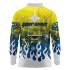 Personalized North Queensland Cowboys Long Sleeve Polo Shirt Y2K Grunge Aesthetic With Cyber Flames and Starburst Graphics