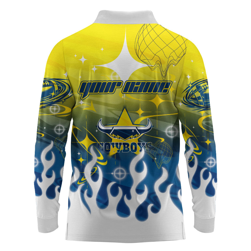 Personalized North Queensland Cowboys Long Sleeve Polo Shirt Y2K Grunge Aesthetic With Cyber Flames and Starburst Graphics