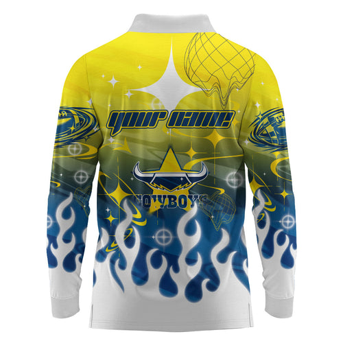 Personalized North Queensland Cowboys Long Sleeve Polo Shirt Y2K Grunge Aesthetic With Cyber Flames and Starburst Graphics