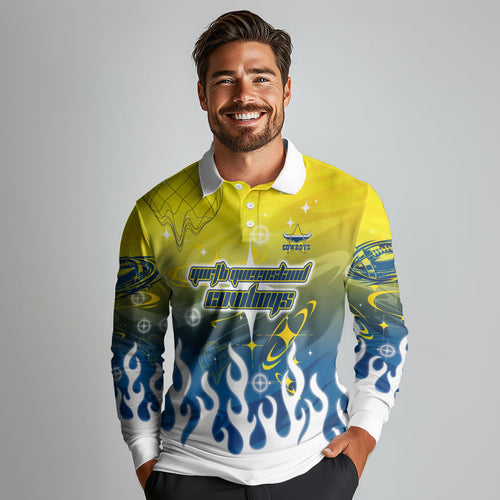 Personalized North Queensland Cowboys Long Sleeve Polo Shirt Y2K Grunge Aesthetic With Cyber Flames and Starburst Graphics
