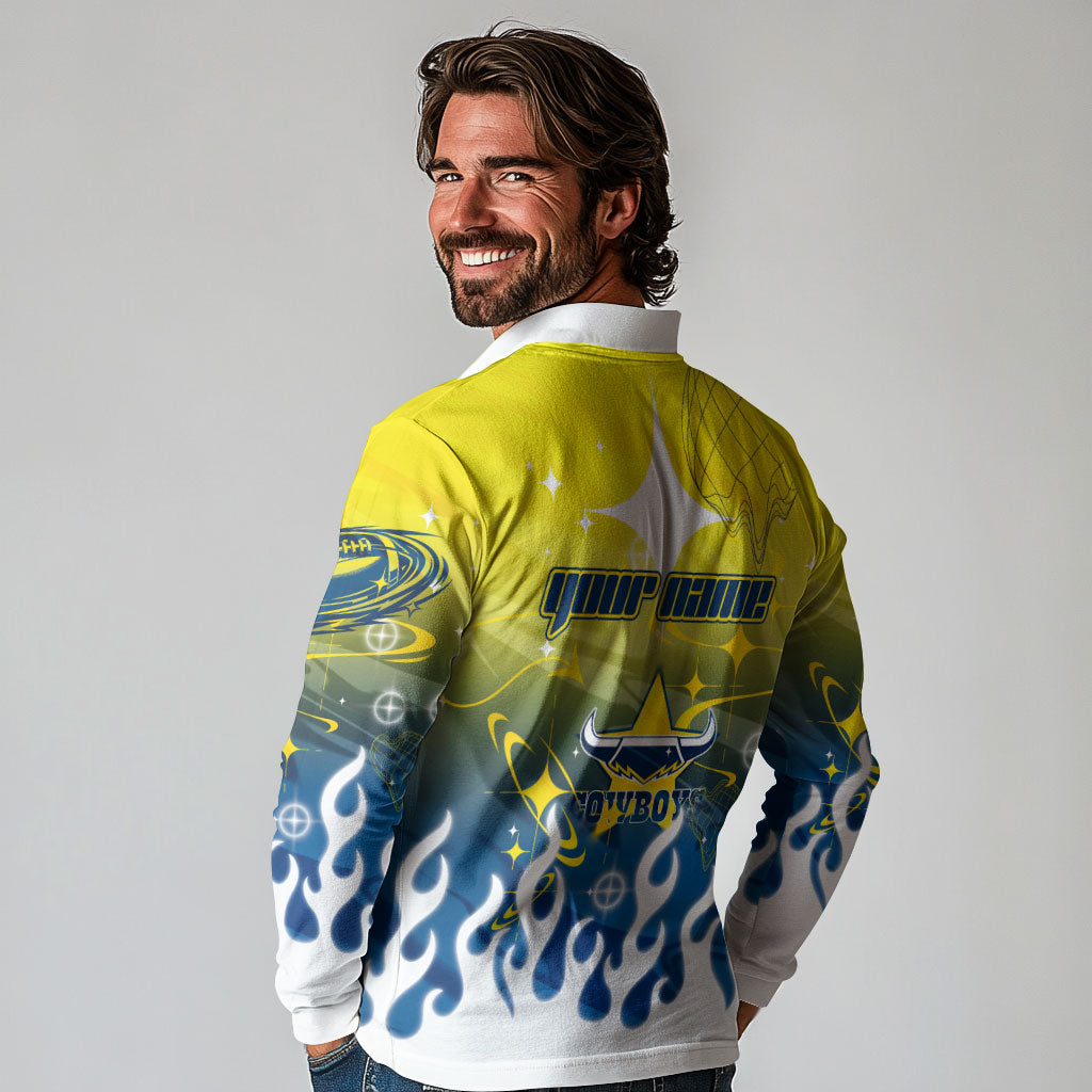Personalized North Queensland Cowboys Long Sleeve Polo Shirt Y2K Grunge Aesthetic With Cyber Flames and Starburst Graphics