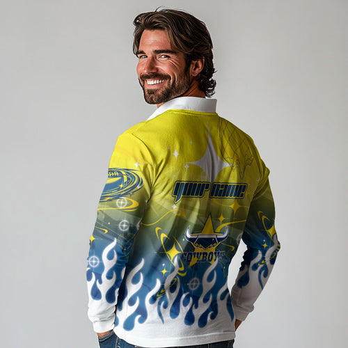 Personalized North Queensland Cowboys Long Sleeve Polo Shirt Y2K Grunge Aesthetic With Cyber Flames and Starburst Graphics