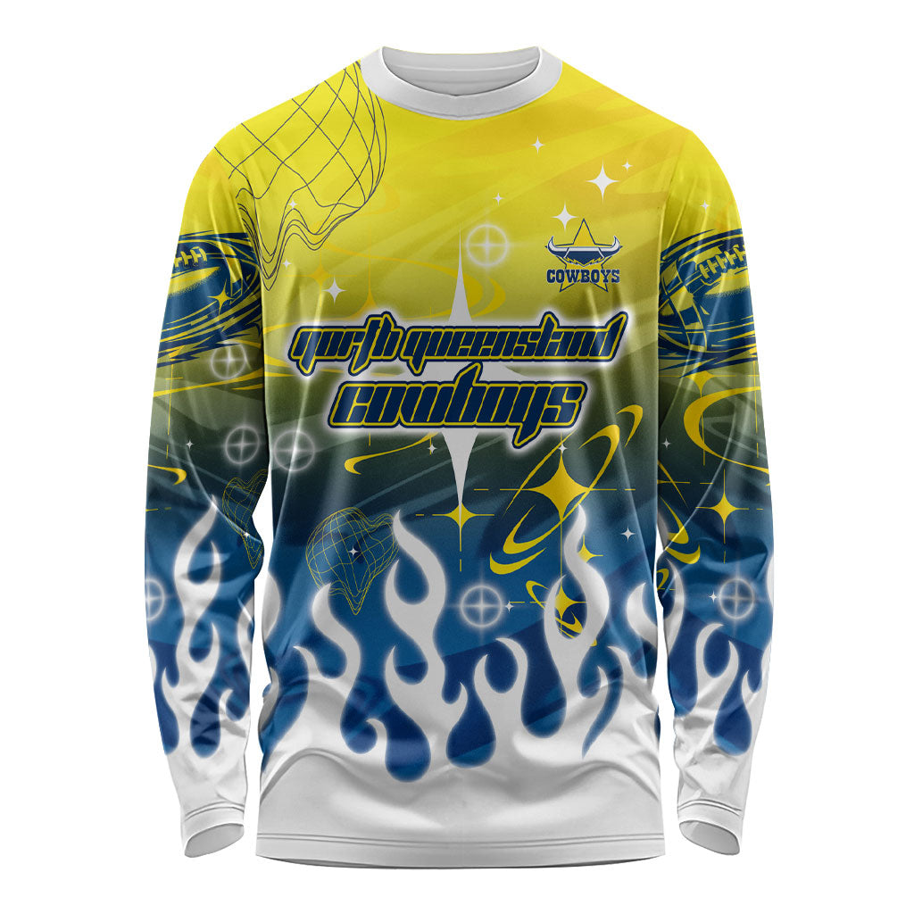Personalized North Queensland Cowboys Long Sleeve Shirt Y2K Grunge Aesthetic With Cyber Flames and Starburst Graphics