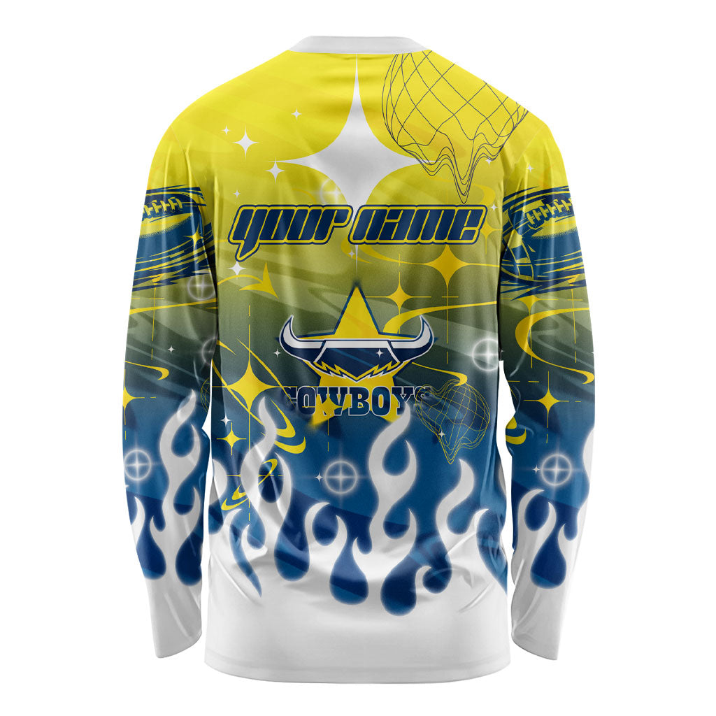Personalized North Queensland Cowboys Long Sleeve Shirt Y2K Grunge Aesthetic With Cyber Flames and Starburst Graphics