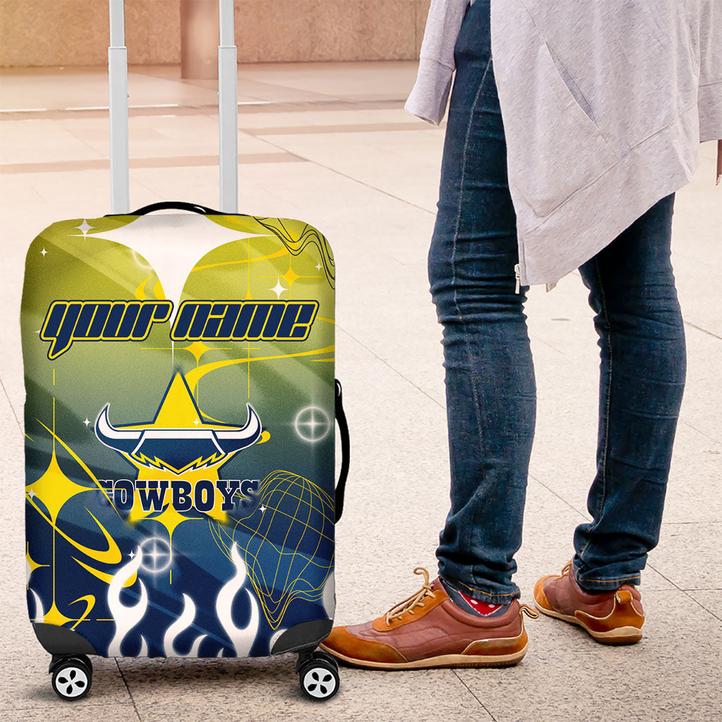 Personalized North Queensland Cowboys Luggage Cover Y2K Grunge Aesthetic With Cyber Flames and Starburst Graphics