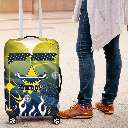 Personalized North Queensland Cowboys Luggage Cover Y2K Grunge Aesthetic With Cyber Flames and Starburst Graphics