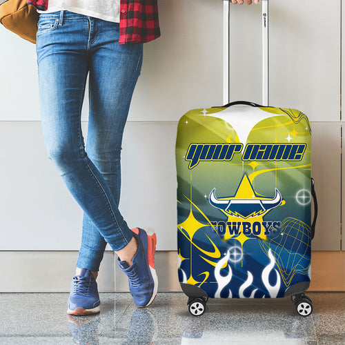 Personalized North Queensland Cowboys Luggage Cover Y2K Grunge Aesthetic With Cyber Flames and Starburst Graphics