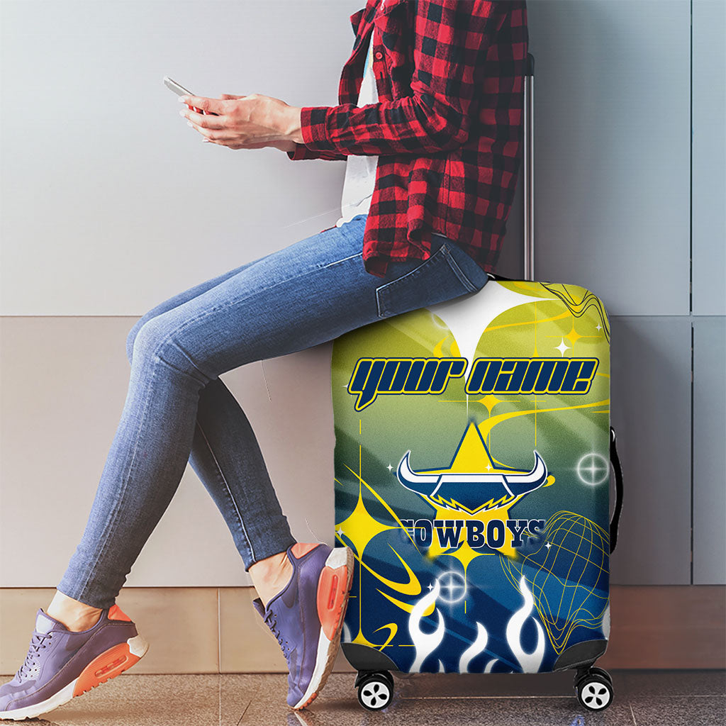 Personalized North Queensland Cowboys Luggage Cover Y2K Grunge Aesthetic With Cyber Flames and Starburst Graphics