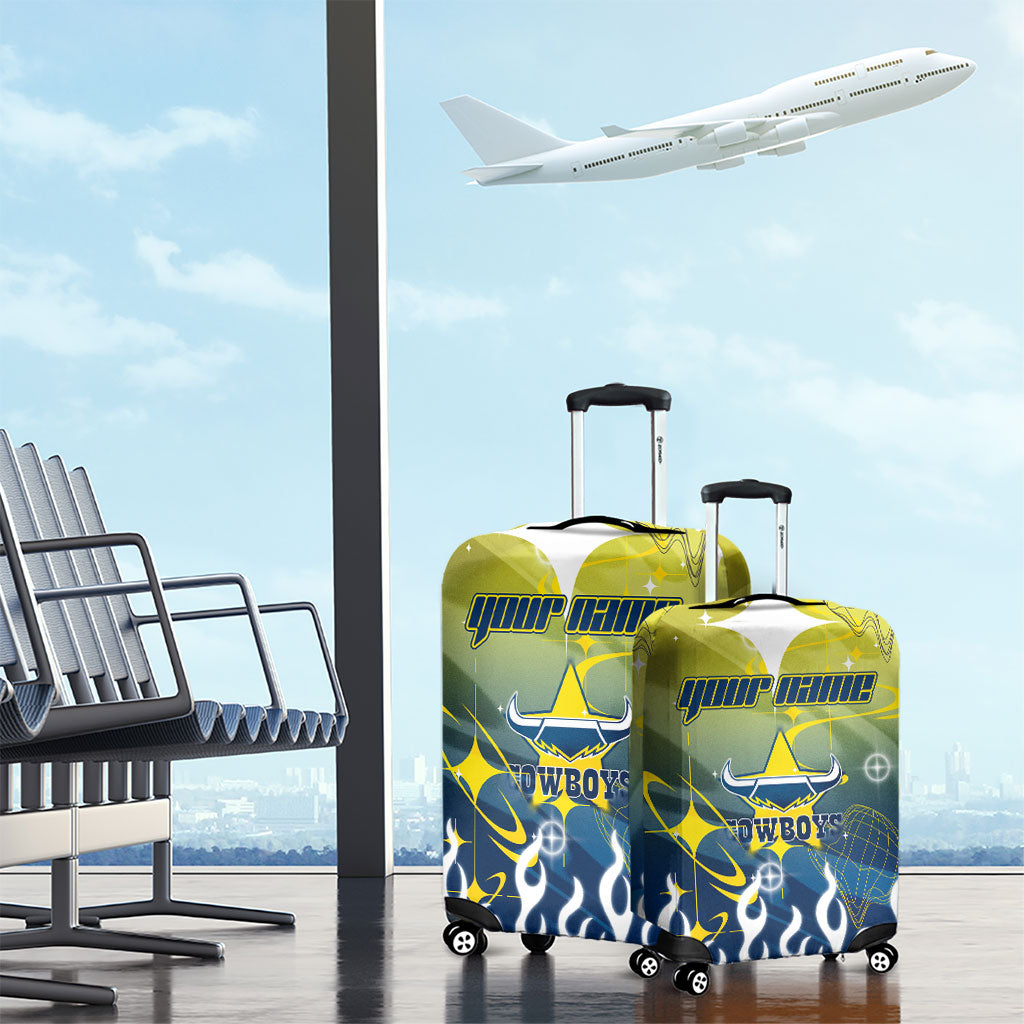 Personalized North Queensland Cowboys Luggage Cover Y2K Grunge Aesthetic With Cyber Flames and Starburst Graphics