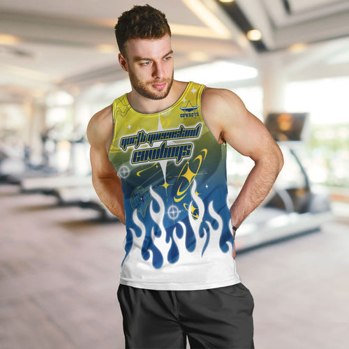 Personalized North Queensland Cowboys Men Tank Top Y2K Grunge Aesthetic With Cyber Flames and Starburst Graphics