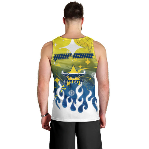 Personalized North Queensland Cowboys Men Tank Top Y2K Grunge Aesthetic With Cyber Flames and Starburst Graphics