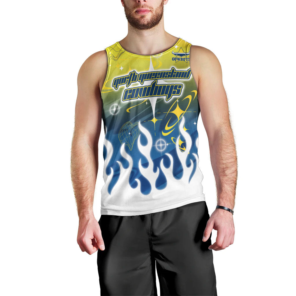 Personalized North Queensland Cowboys Men Tank Top Y2K Grunge Aesthetic With Cyber Flames and Starburst Graphics