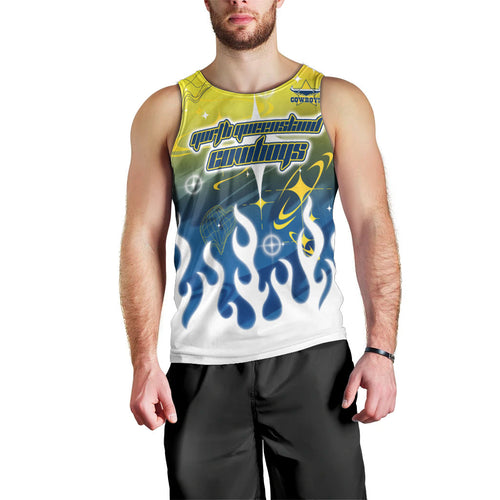 Personalized North Queensland Cowboys Men Tank Top Y2K Grunge Aesthetic With Cyber Flames and Starburst Graphics