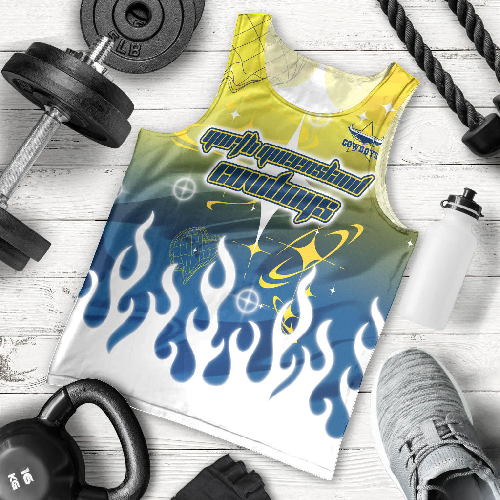Personalized North Queensland Cowboys Men Tank Top Y2K Grunge Aesthetic With Cyber Flames and Starburst Graphics