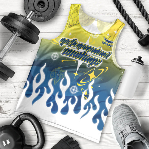 Personalized North Queensland Cowboys Men Tank Top Y2K Grunge Aesthetic With Cyber Flames and Starburst Graphics