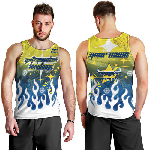Personalized North Queensland Cowboys Men Tank Top Y2K Grunge Aesthetic With Cyber Flames and Starburst Graphics