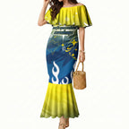 Personalized North Queensland Cowboys Mermaid Dress Y2K Grunge Aesthetic With Cyber Flames and Starburst Graphics