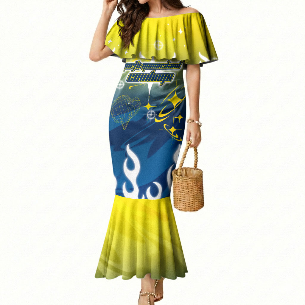 Personalized North Queensland Cowboys Mermaid Dress Y2K Grunge Aesthetic With Cyber Flames and Starburst Graphics