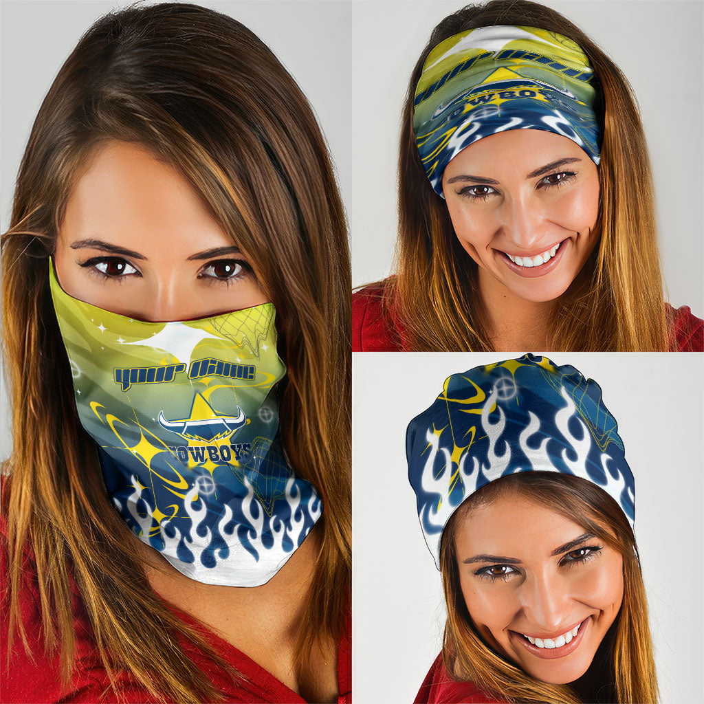 Personalized North Queensland Cowboys Neck Gaiter Y2K Grunge Aesthetic With Cyber Flames and Starburst Graphics