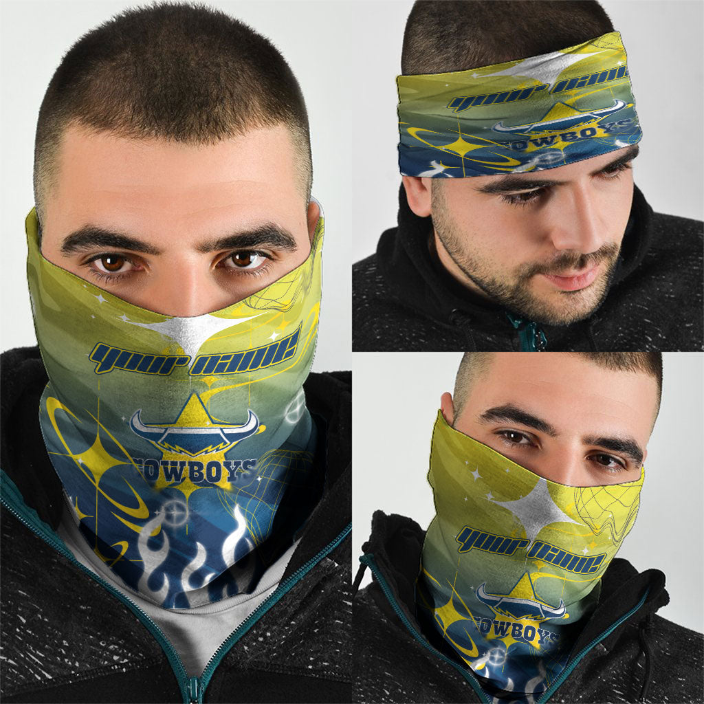 Personalized North Queensland Cowboys Neck Gaiter Y2K Grunge Aesthetic With Cyber Flames and Starburst Graphics